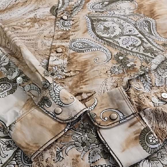 Western Snap Down Cowboy Rodeo Shirt Wood Snaps Natural Cotton Paisley Print - Picture 7 of 13